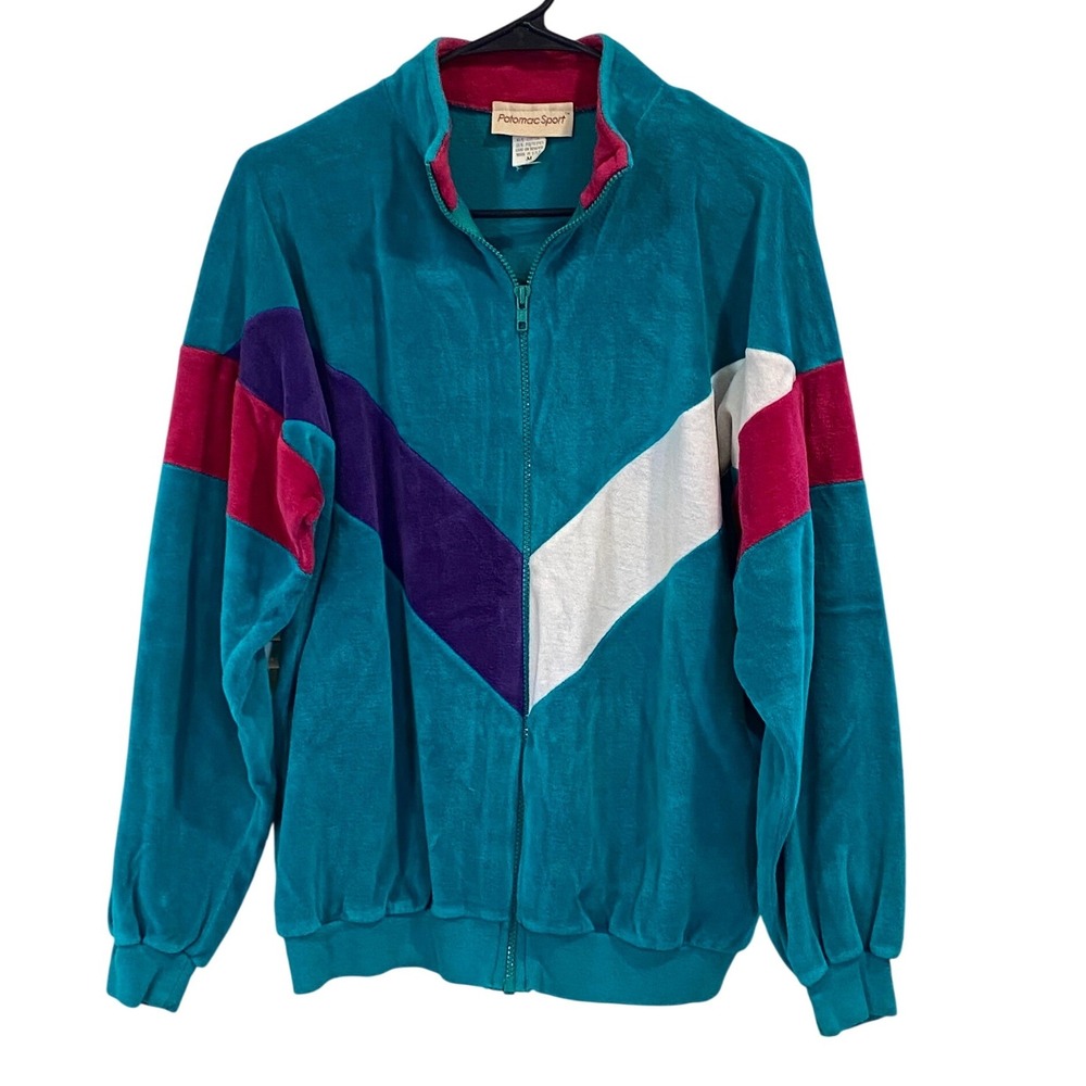 Potomac Sport Vintage 80s Velour Colorblock Chevron Track Jacket Teal Womens‎ M